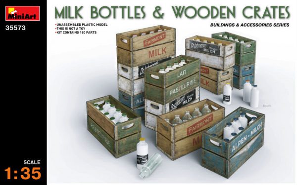 Modellino diorami modellismo kit di montaggio Miniart  MILK BOTTLE & WOODEN CRATES KIT 1:35