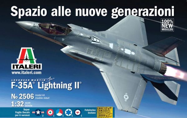 Modellino modellismo kit di montaggio aerei Italeri  F-35A ING II LOCKHEED (49 cm) DECALS x 5 VERSIONI  KIT 1:32 model