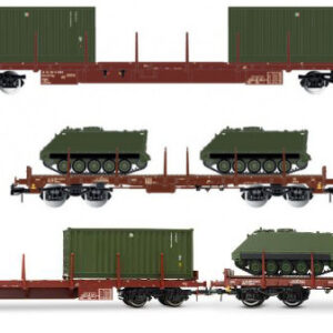 Modellino treno modellismo ferroviario  Rivarossi  FS 2-UNIT PACK 4-AXLE FLAT TWO 20' CONTAINERS + TWO M113 EP.IV-V 1:87